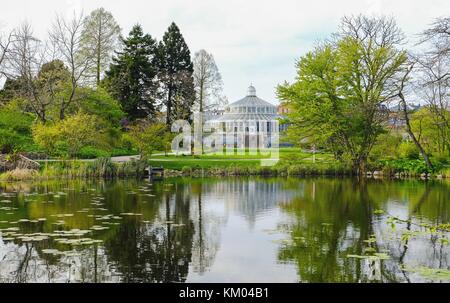 Università di Copenhagen Giardino Botanico durante la giornata di sole, stagno e grande serra visibile Foto Stock