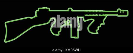 Un verde di luce al neon pistola outlinetommy come utilizzato da gangster anni ruggenti su sfondo nero Illustrazione Vettoriale