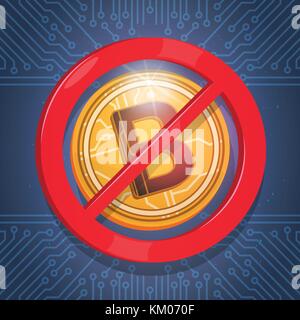 Bitcoins non accettato firma digitale valuta crypto web moderno icona denaro blu sullo sfondo del circuito Illustrazione Vettoriale