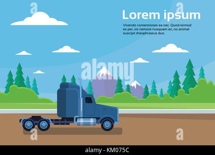 Camion rimorchio cabina sulla strada sopra le montagne paesaggio banner con spazio di copia Illustrazione Vettoriale