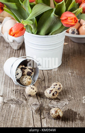 Uova di quaglia e bouquet di tulipani rossi in bianco la benna sul vecchio tavolo in legno Foto Stock