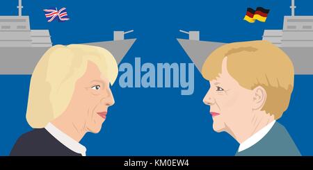 02.12.2017 llustrazione editoriale di del primo ministro britannico theresa maggio e il cancelliere tedesco Angela Merkel. Illustrazione Vettoriale
