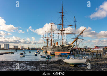 HMS Warrior 1860, prima di ferro rivestito nave da guerra, progettato da Issac Watt e Tomas Lloyd, , Portsmouth, Hampshire, Inghilterra, UK, Regno Unito, novembre 2017 Foto Stock