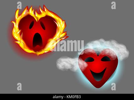 Due cuori. cuore in fiamme e il cuore nel cloud Illustrazione Vettoriale