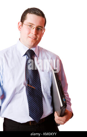 Business man holding laptop isolato su bianco Foto Stock