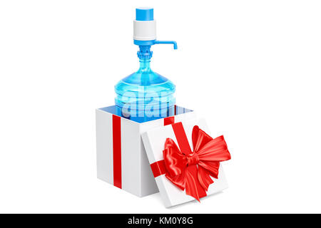 Acqua in bottiglia con erogatore a pompa interno scatola regalo, dono del concetto. Il rendering 3D Foto Stock