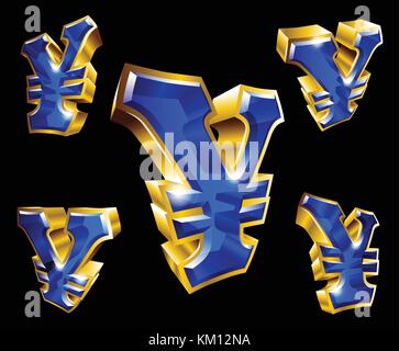 Oro vettore di set di simboli di yen in 3d di stile con angoli diversi isolati su sfondo nero Illustrazione Vettoriale