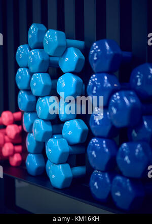 Manubri colorati sulla piramide in palestra Foto Stock