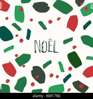 Natale greeting card modello con pennellate di verde e rosso e i puntini e noel testo su sfondo bianco. Illustrazione Vettoriale