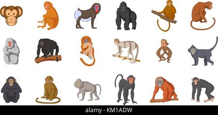 Monkey icon set, stile cartoon Illustrazione Vettoriale