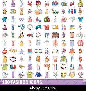 100 icone della moda, stile cartoon Illustrazione Vettoriale