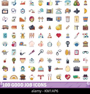 100 buon lavoro set di icone, stile cartoon Illustrazione Vettoriale