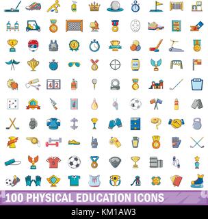 100 educazione fisica set di icone, stile cartoon Illustrazione Vettoriale