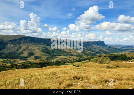 Vista panoramica, altopiano del Parco Nazionale della Serra da Canastra, altopiano cerrado che ospita importanti specie di flora e fauna, stato di Minas Gerais, Brasile. Foto Stock