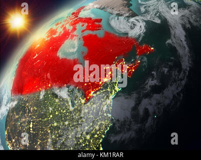 Illustrazione del Canada visto dall’orbita terrestre durante il tramonto. Illustrazione 3D. Elementi di questa immagine forniti dalla NASA. Foto Stock