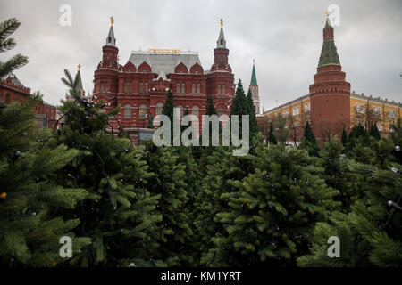 Alberi di Natale sono installati sul manege piazza centrale di Mosca durante il festival annuale "Viaggio di Natale', Russia Foto Stock