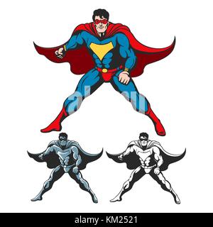 Fumetti di supereroi con permanente cape sventolare nel vento. colorato e due ulteriori versioni rétro in stile fumetto isolato su bianco. nessun gradiente Illustrazione Vettoriale
