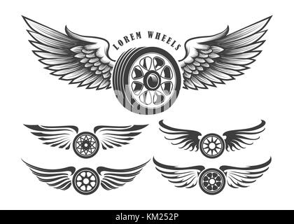 Set di ruote con alette per tatuaggio o design etichetta isolato su bianco. illustrazione vettoriale. Illustrazione Vettoriale