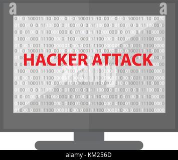 Computer Hacking icona Sistema. monitor con codice binario e attacco hacker. isolato su sfondo bianco. illustrazione vettoriale. Illustrazione Vettoriale