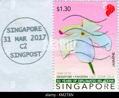 GOMEL, BIELORUSSIA, 3 DICEMBRE 2017, Stamp stampato a Singapore mostra l'immagine del gelsomino, circa 2016. Foto Stock