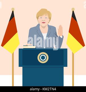 02.12.2017 llustrazione editoriale del cancelliere tedesco Angela Merkel che sta prendendo un giuramento sulla bandiera tedesca sfondo. Illustrazione Vettoriale