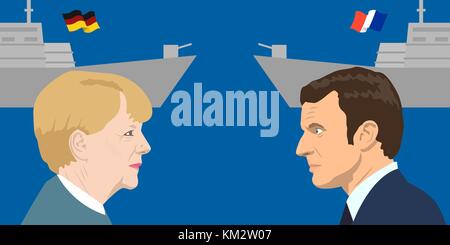 02.12.2017 illiustration editoriale della repubblica francese presidente emmanuel macron e il cancelliere tedesco Angela Merkel sulle forze militari bac Illustrazione Vettoriale