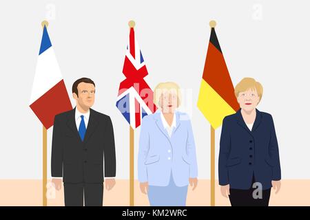 03.12.2017 llustrazione editoriale del presidente della Francia emmanuel macron, il primo ministro del Regno Unito theresa maggio e il cancelliere Illustrazione Vettoriale