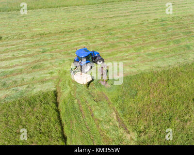Trattore agricolo lavorando nei campi Foto Stock
