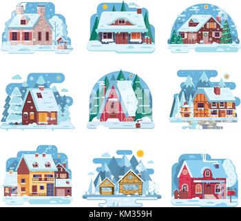 Inverno country house e set di cabina Illustrazione Vettoriale