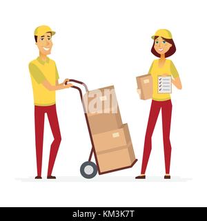 Servizio di consegna a domicilio dei lavoratori - cartoon persone illustrazione personaggi isolati su sfondo bianco giovane uomo sorridente e la donna in giallo azienda uniforme Illustrazione Vettoriale