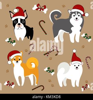I cani in cappelli di Babbo Natale. scheda di natale Illustrazione Vettoriale
