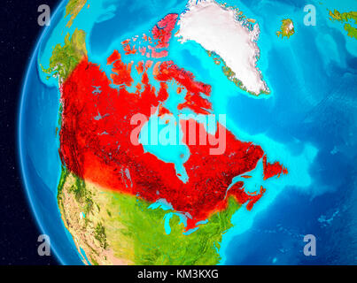 Illustrazione del Canada visto dall’orbita terrestre sul pianeta Terra. Illustrazione 3D. Elementi di questa immagine forniti dalla NASA. Foto Stock