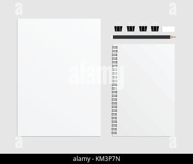 Set di vettore vuoto comprendono a4, notebook, matite, gomma e carta nera clip. Illustrazione Vettoriale