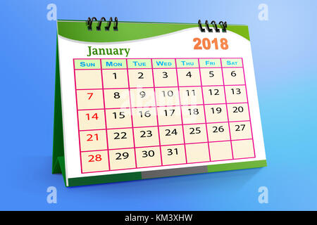 Gennaio 2018 calendario desktop isolati su sfondo grigio . 3d'illustrazione. Foto Stock