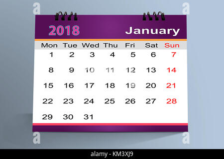 Gennaio 2018 calendario desktop isolati su sfondo grigio . 3d'illustrazione. Foto Stock
