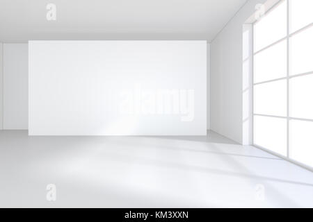 Tabellone bianco in piedi vicino a una finestra in una camera bianca. Il rendering 3D Foto Stock