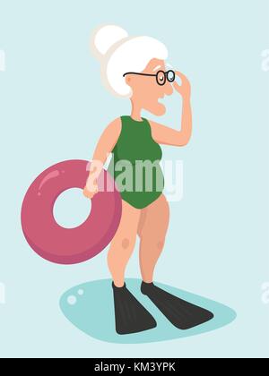 Una donna anziana in un costume da bagno e un salvagente è in piedi e sorprendentemente regolare gli occhiali. Illustrazione Vettoriale