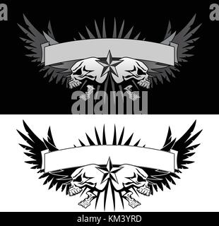 Cranio ali con banner tattoo stile grafica vettoriale Illustrazione Vettoriale