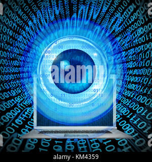 La protezione dei computer di sorveglianza o di sicurezza informatica logistica il monitoraggio come un laptop notebook con un occhio digitale a guardare come una rappresentazione in 3d. Foto Stock