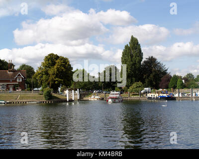 Vista sul fiume verso shepperton sbarco dalla banca del fiume Tamigi a Weybridge, Surrey, England, Regno Unito Foto Stock