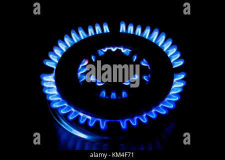 Primo piano di una fiamma blu proveniente da un piano cottura a gas Foto Stock