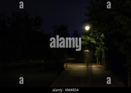 La doppia esposizione scena notturna di persona a piedi via scuro illuminato con lampioni. la sfuggente silhouette maschio sulla strada per il parco umano. Foto Stock