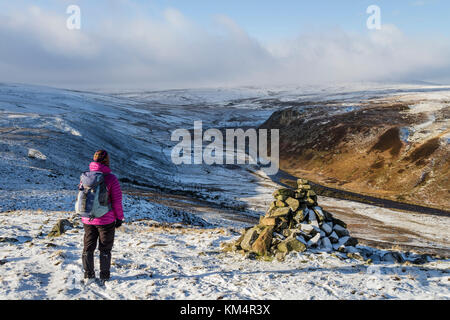 Walker godendo la vista dall uomo sulla gate Cronkley cadde verso Falcon Clints e il Fiume Tees, Superiore Teesdale, County Durham Regno Unito Foto Stock