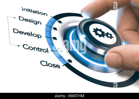 Mano girando una manopola su sfondo bianco per monitorare e selezionare Gestione progetto fasi. immagine composita tra una mano e la fotografia di un 3d backgro Foto Stock