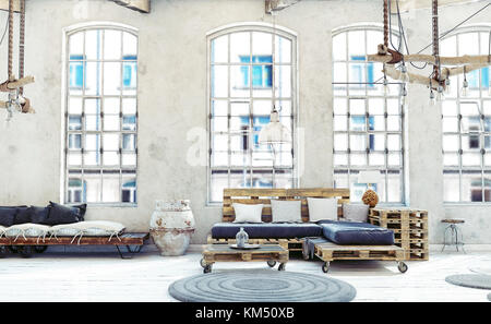 Mansarda living room interior. Mobili per pallet .3D illustrazione Foto Stock