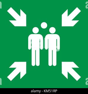 Evacuazione di emergenza punto di assemblaggio segno, punto di ritrovo cartello, illustrazione vettoriale. Illustrazione Vettoriale