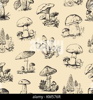 Set di fungo disegnati a mano inciso. seamless pattern. champignon, Cantarelli, miele fungo, fly agaric, amanita, stinkhorn comune, penny bun, Red-capped scaber levetta per menu e confezionamento. Illustrazione Vettoriale