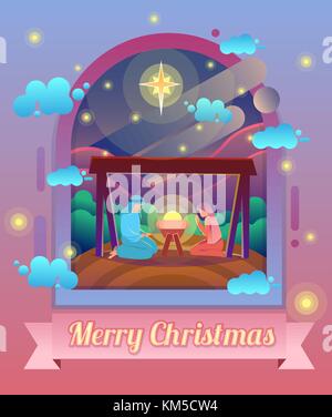 Maria e Giuseppe con Gesù Bambino, presepe sotto il cielo di stelle. moderno vettore cartoon illustrazione. Illustrazione Vettoriale