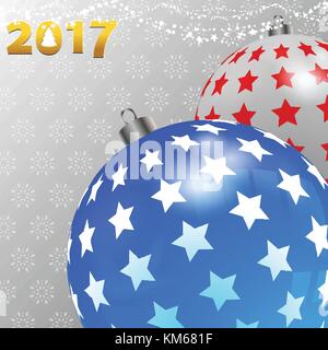 3d illustrazione di natale baubles decorate in bianco e blu con stelle su bianco e lo sfondo grigio con i fiocchi di neve e la data in Numeri golden wit Illustrazione Vettoriale