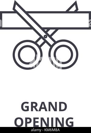 Grand Opening icona della linea di contorno, segno, simbolo lineare, vettore illustrazione piatta Illustrazione Vettoriale